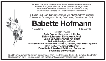 Traueranzeige von Babette Hofmann von Pegnitz-Zeitung